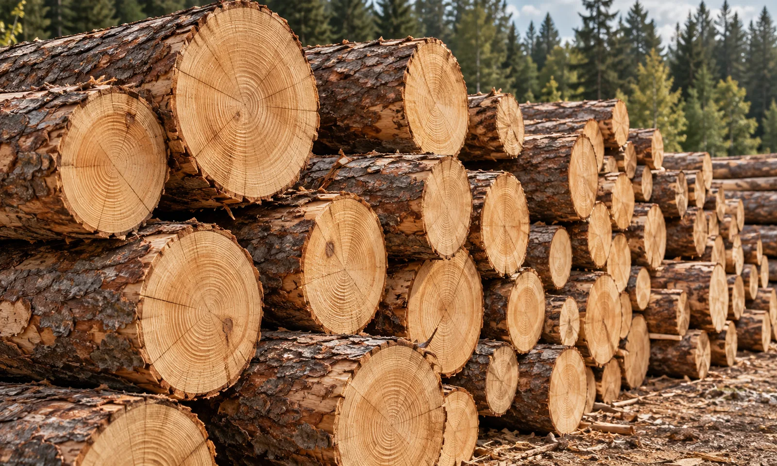 İstiflenmiş çam tomrukları — yapay zekâ ile üretilmiş temsili görsel